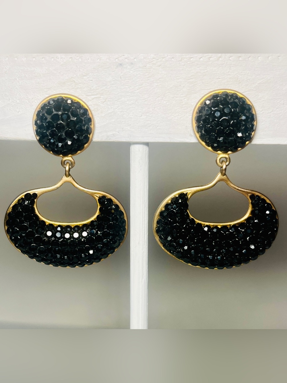 Richard Kerr Signed 1980's VTG Black Rhinestone Door-Knocker Clip-On Earrings